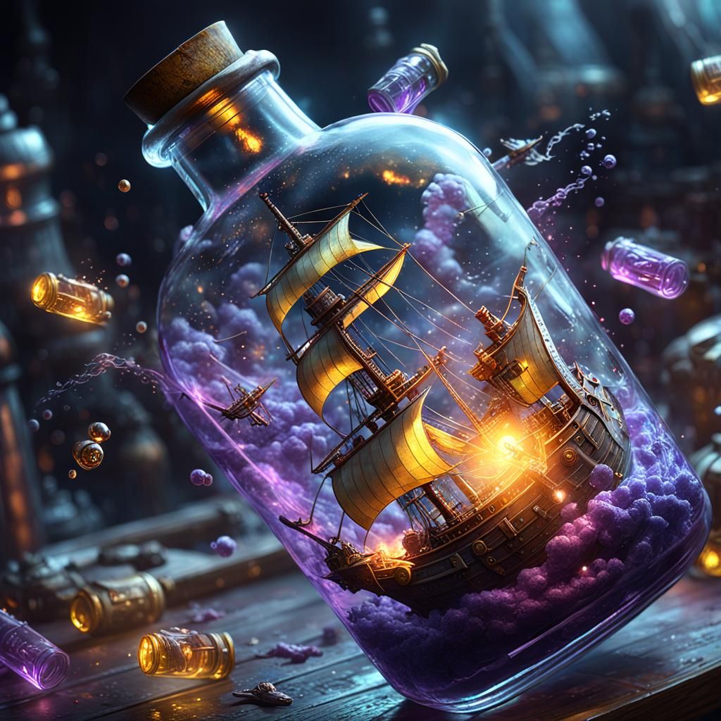 Battleships Clash in Glass Bottle, Dark Fantasy Art