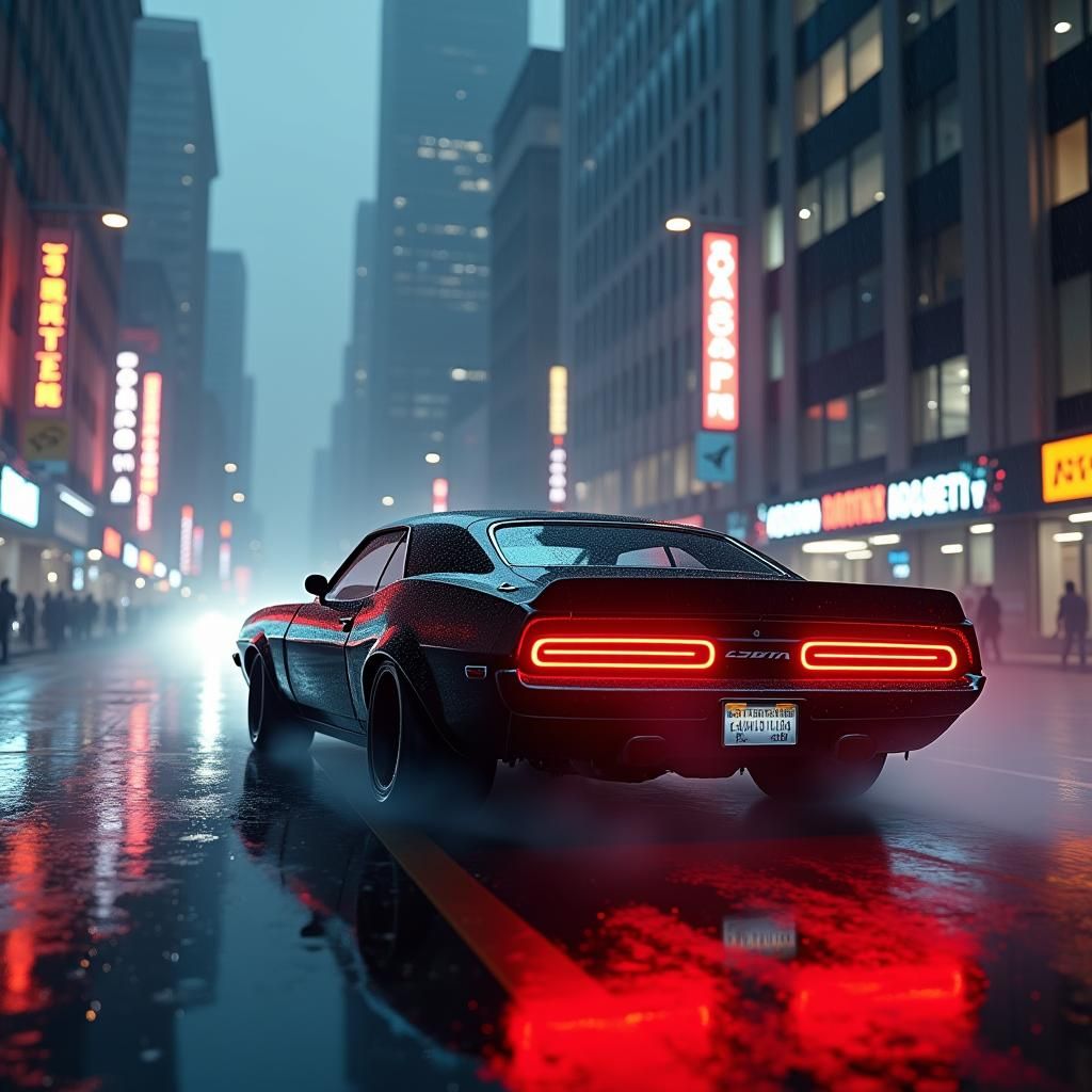 Cyberpunk Muscle Car Streaking Through Rainy Cityscape