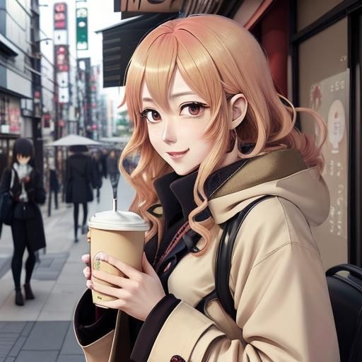 Anime Girl at Starbucks with Coffee