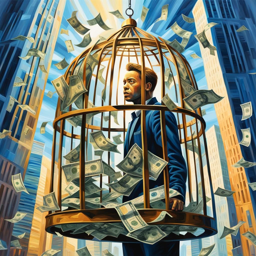 Surreal Person Trapped in Money Cage