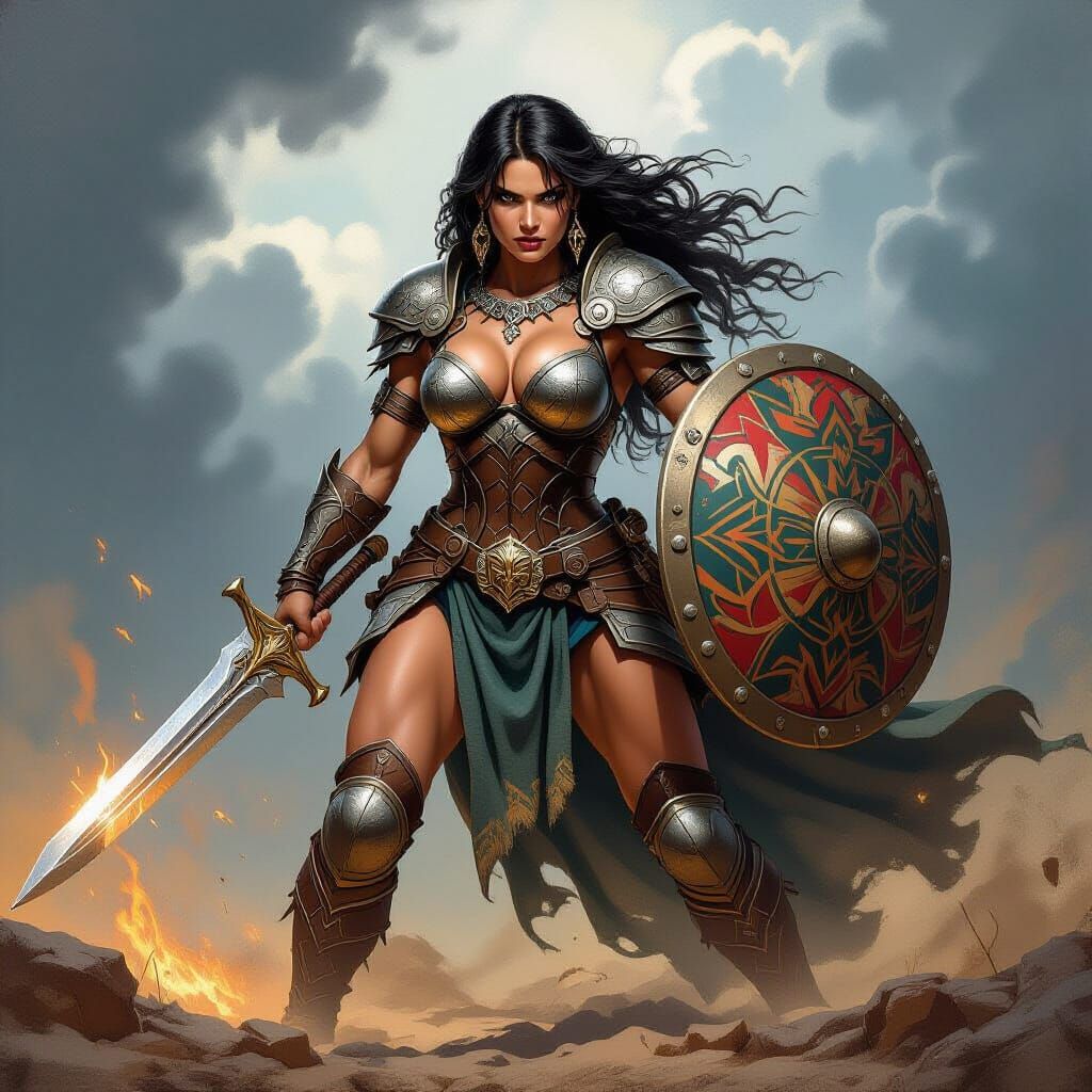 Amazon Warrior in Epic Battle Scene, Fantasy Art Style