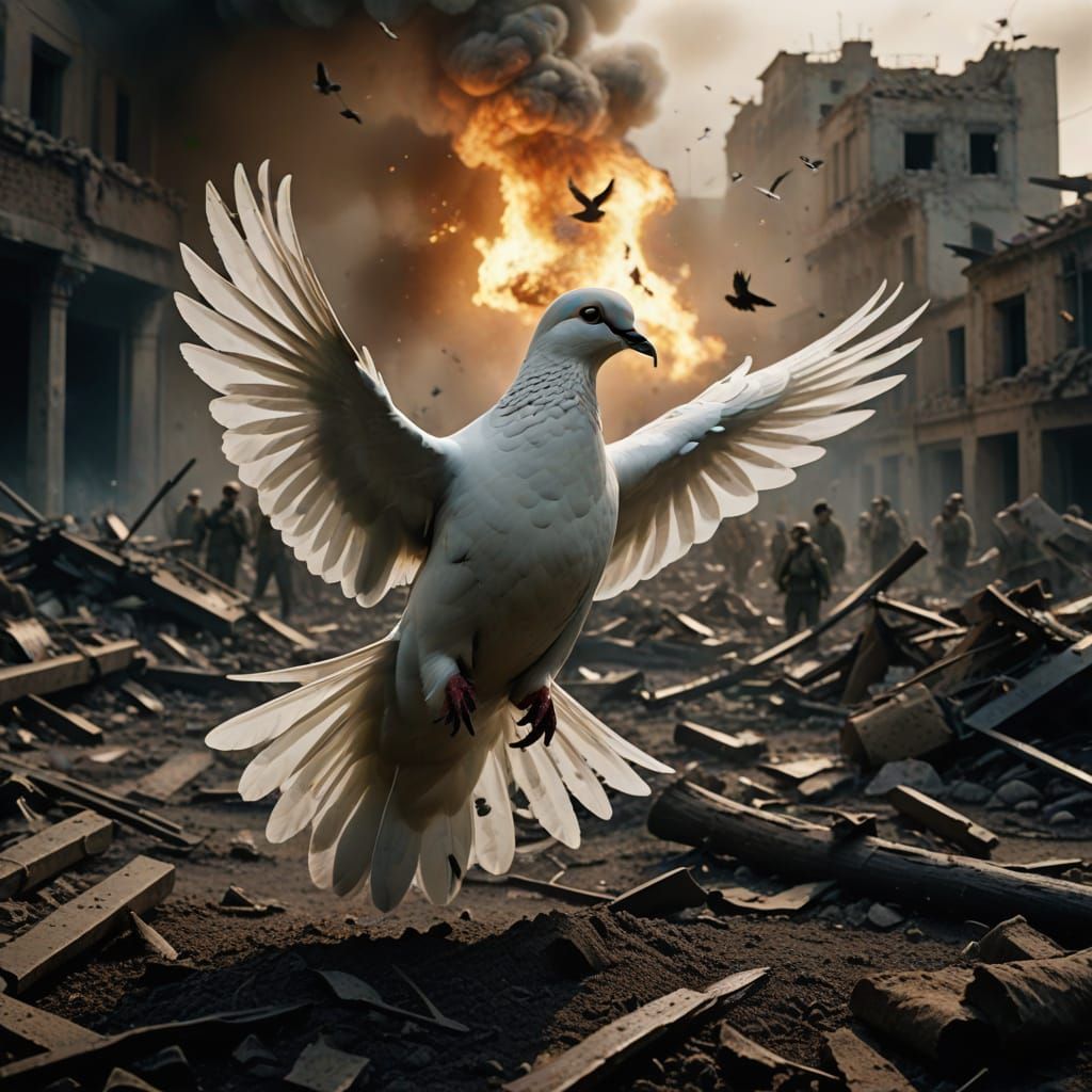 Hope Amidst Chaos: A Majestic Dove Soars Above War-Torn Batt...