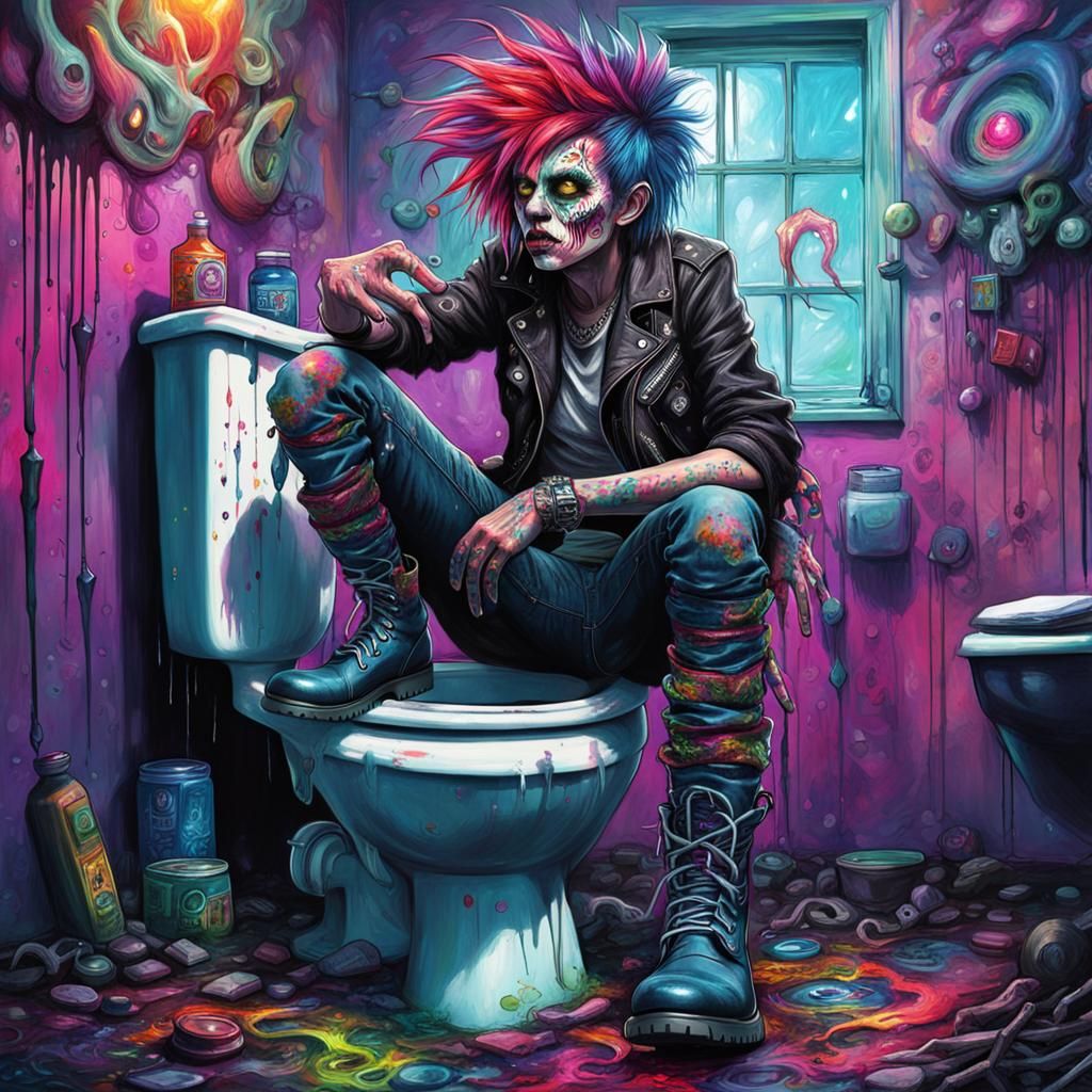 Punk Rock Woman on Toilet in Psychedelic Art Style