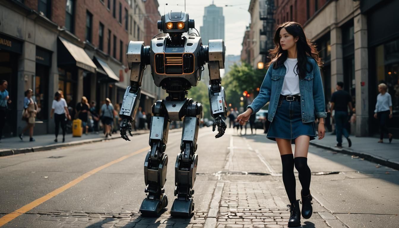 Woman and Robot Walk Together