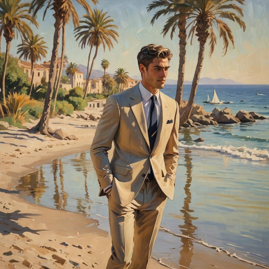 Young man in classic suit on the beach in Sicily