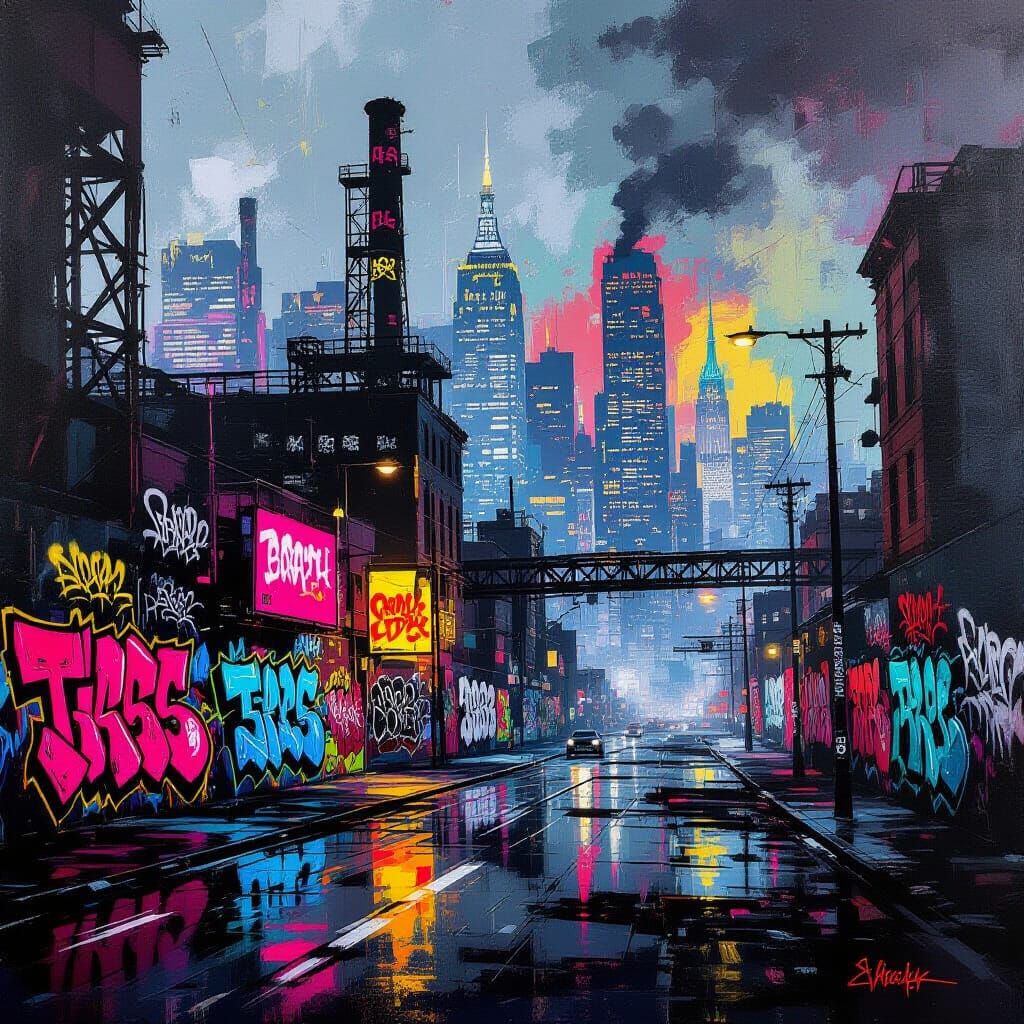 Abstract Expressionist Cityscape with Neon and Decay