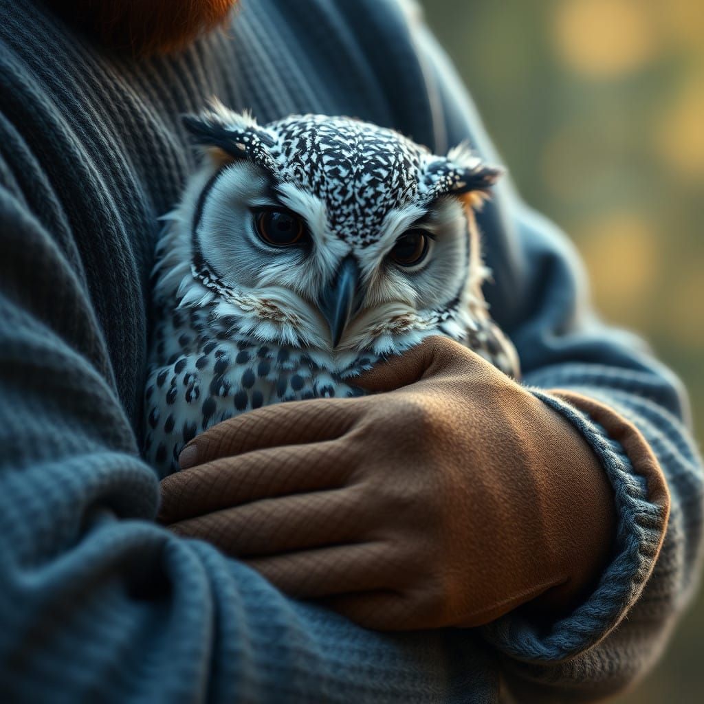 Majestic Owl in Gentle Man's Arms, Wrapped in Warmth and Won...