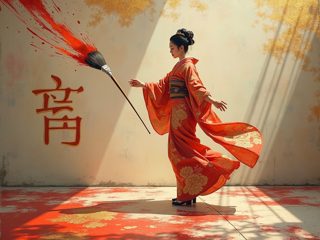 Ethereal Geisha Brushes Whimsical Calligraphy with Golden Gl...