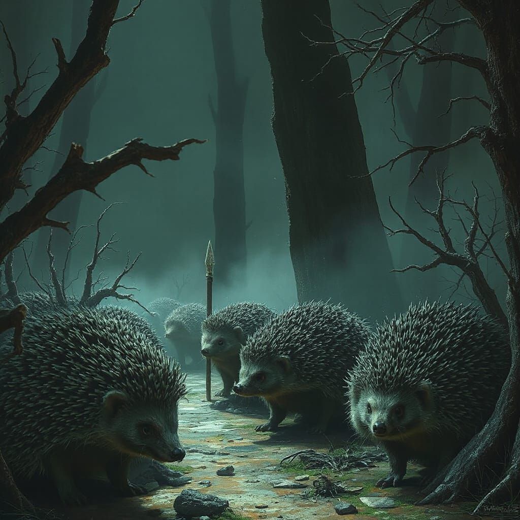 Horror Scene: Gang of Hedgehogs in Gustave Doré Style