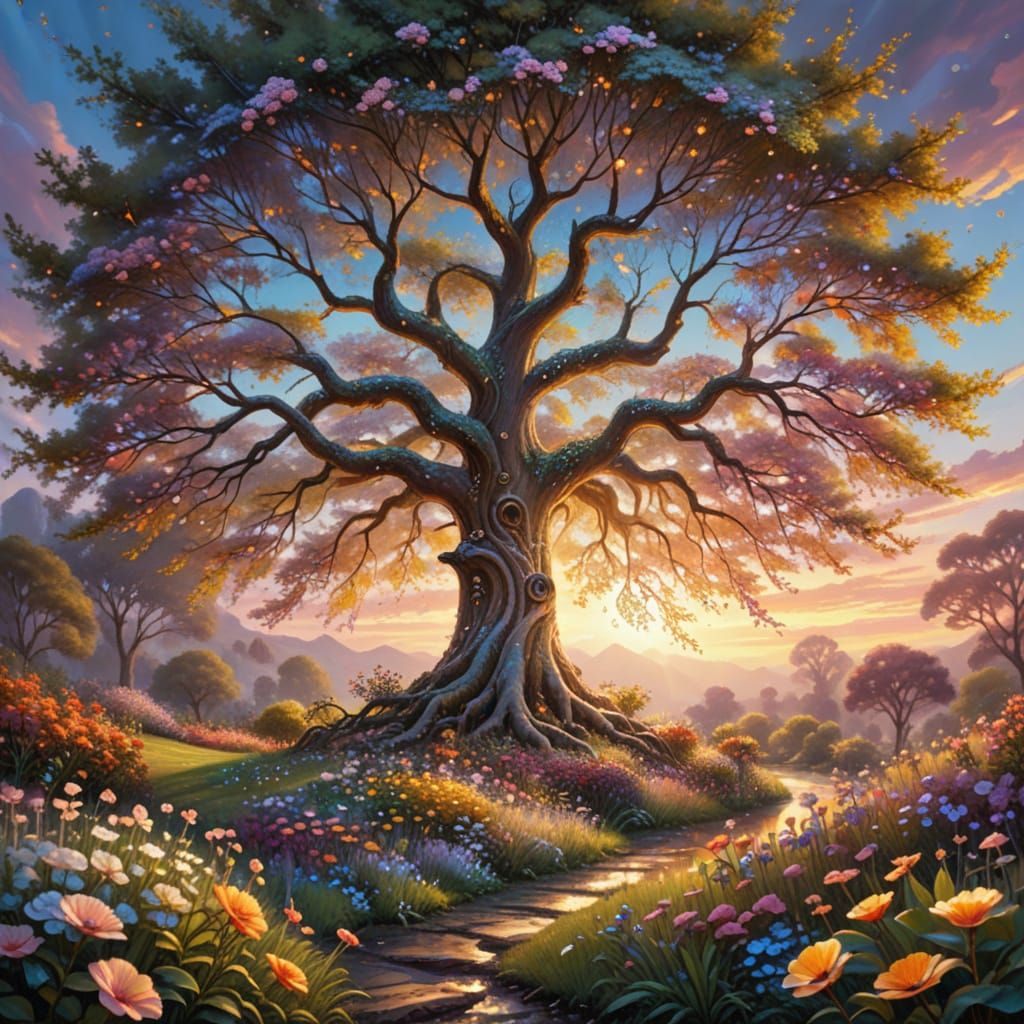 Whimsical Magical Tree in a Lush Floral Garden