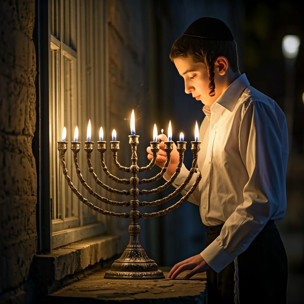 Young Boy Lights Menorah on a Tranquil Night