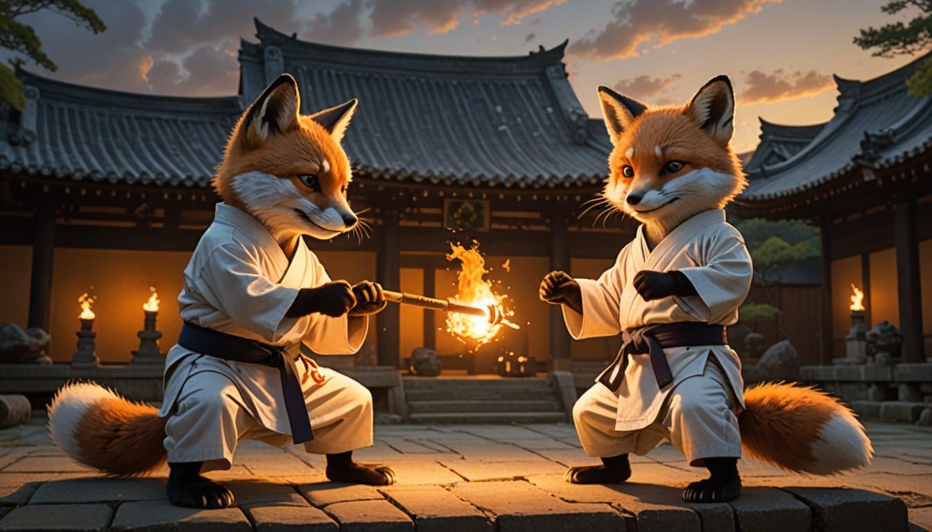 Fox Karate Lesson in Ancient Japanese Temple