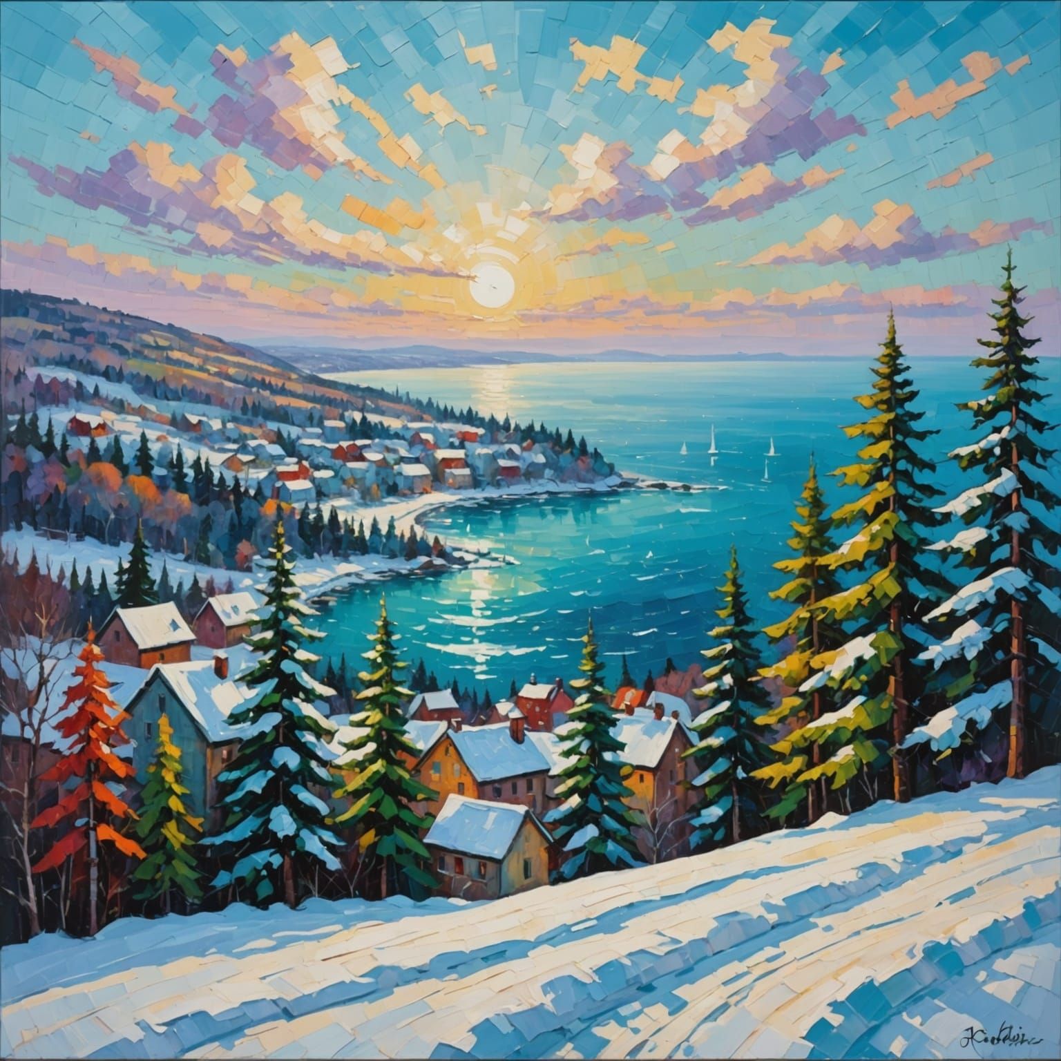 Winter Snowy Ocean Forest in Neo-Impressionist Style