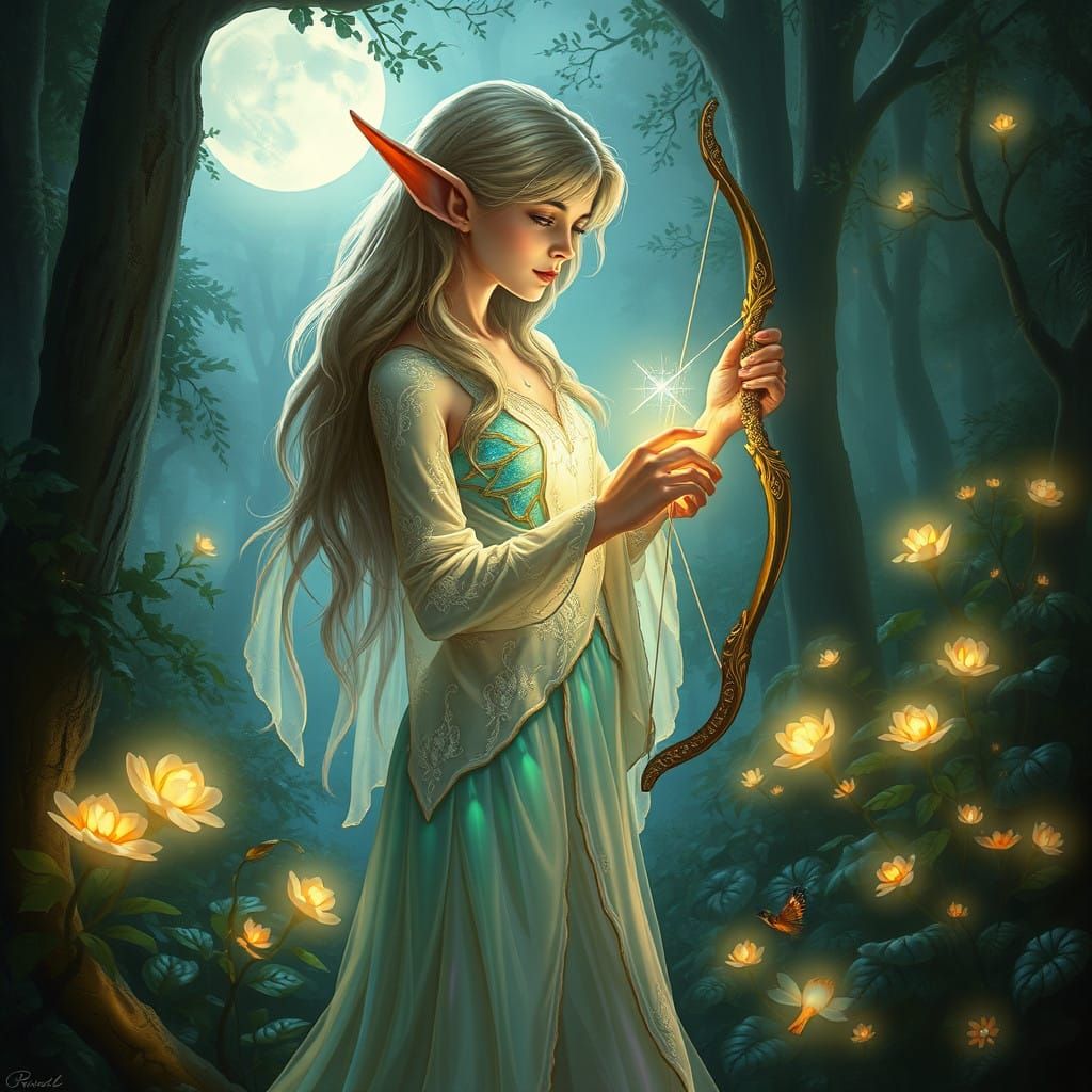Ethereal Elf in Moonlit Glade with Radiant Crystal Bow