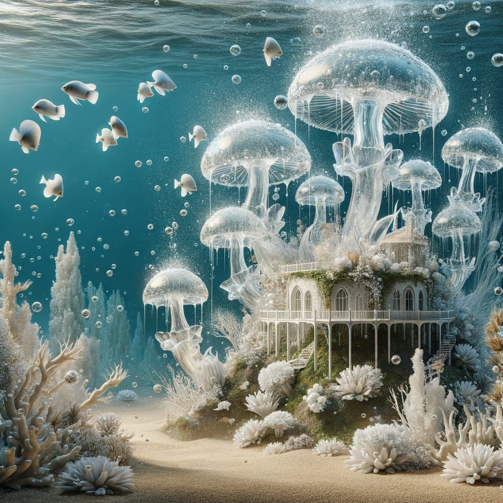 Underwater Glass Toadstool Houses in a Whimsical Pixie Wonde...