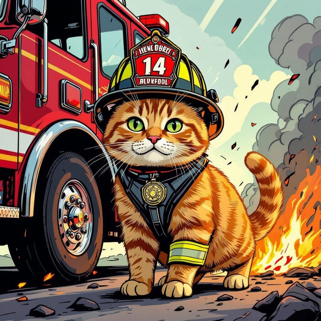 Ginger Cat Firefighter in Comic Style
