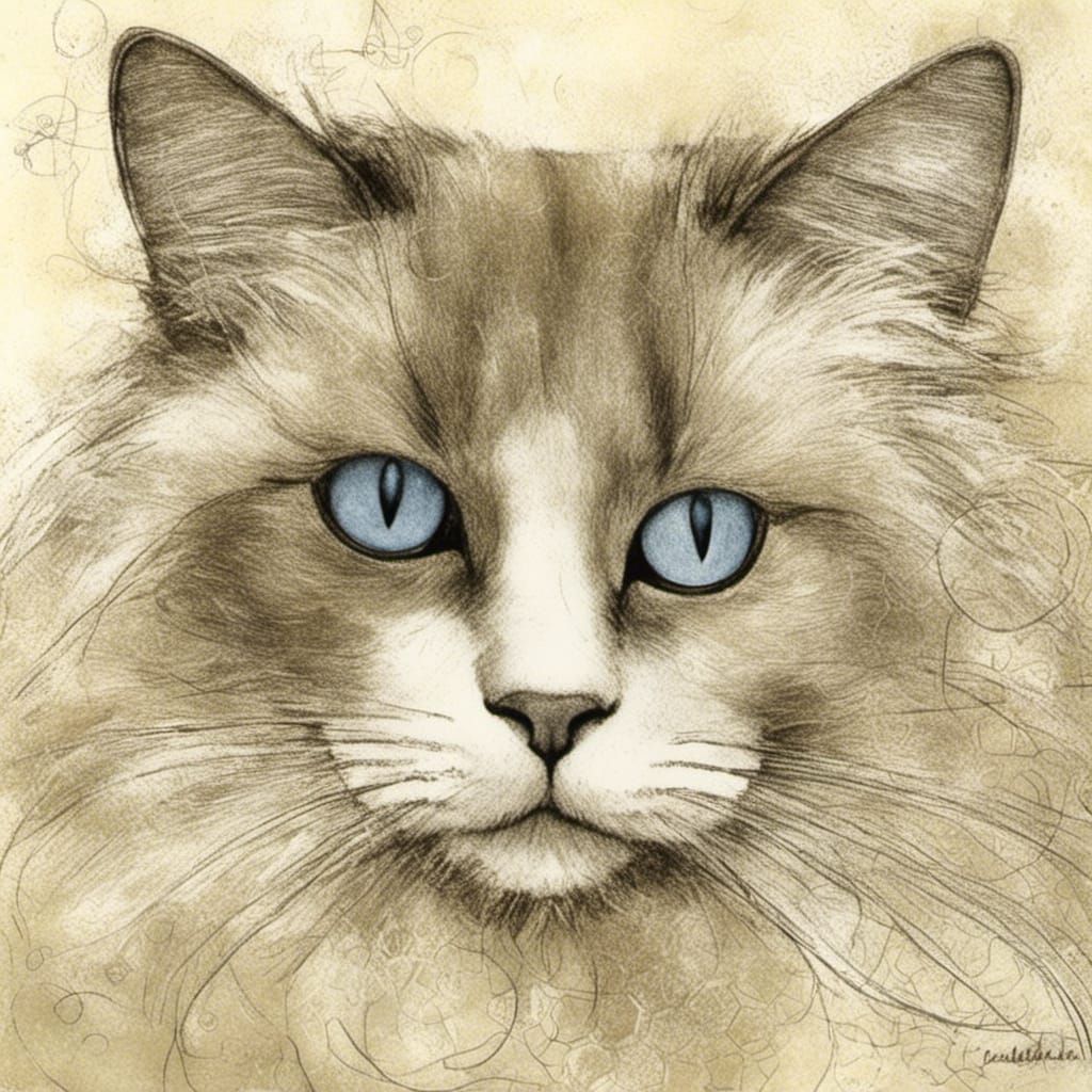 Monochromatic Ragdoll Cat as Ink Drawing
