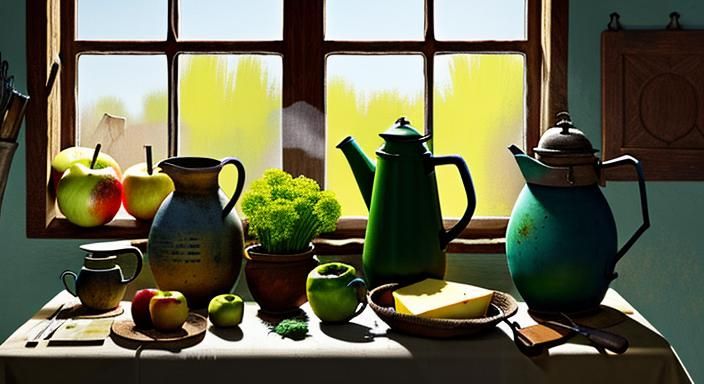 Rustic Still Life Painting with Clay Pots and Apples