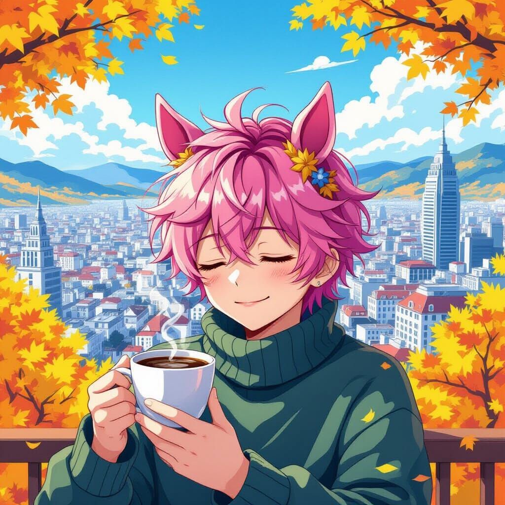 Anime Boy with Horse Ears in Autumn Cityscape