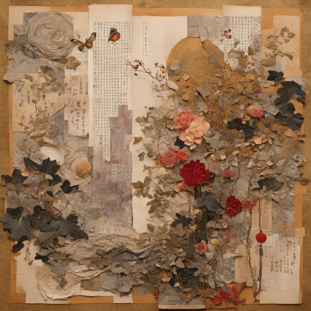 Romantic Chinese Scroll Collage with Mandarin Text