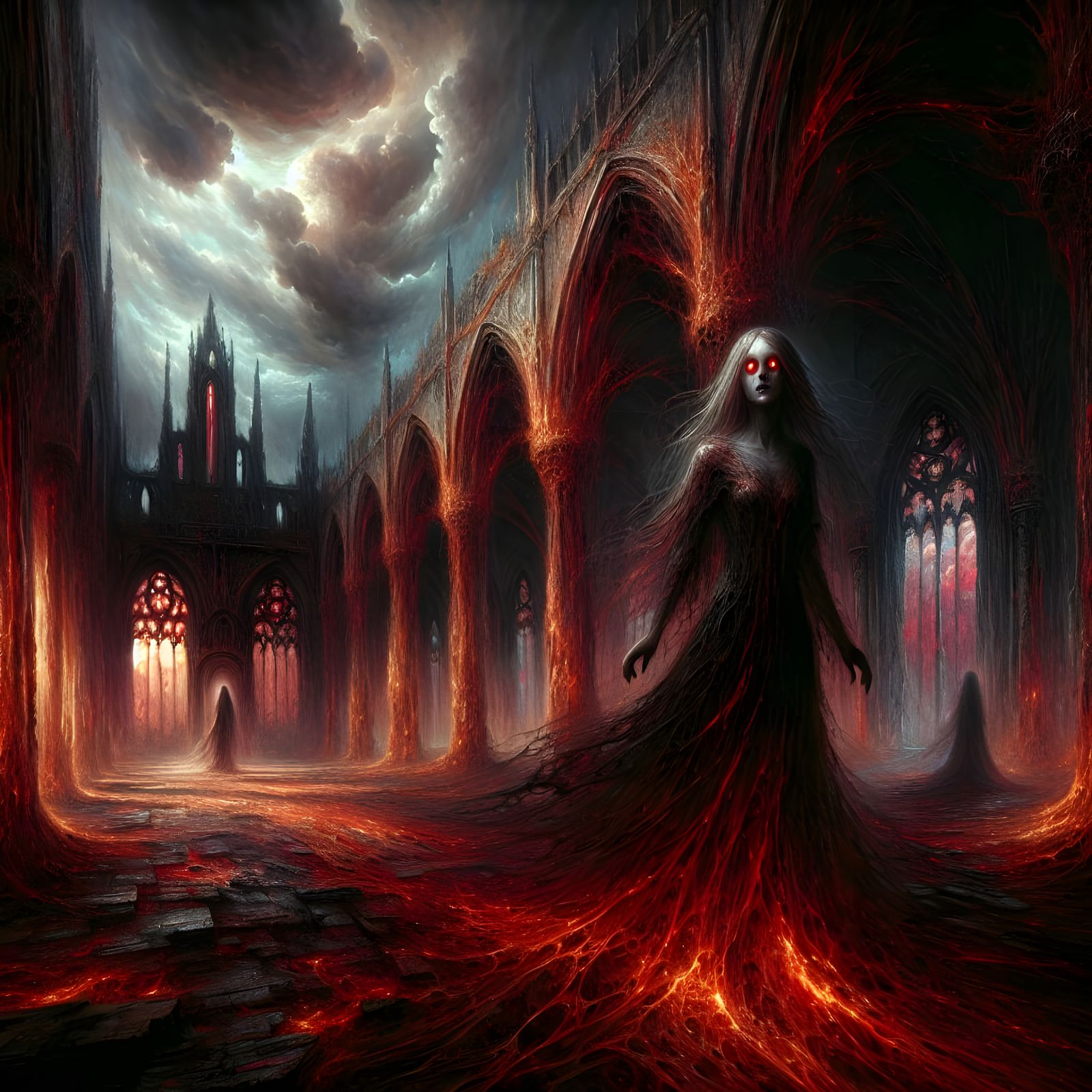 Ethereal Woman Amidst Ruins in Fiery Radiance