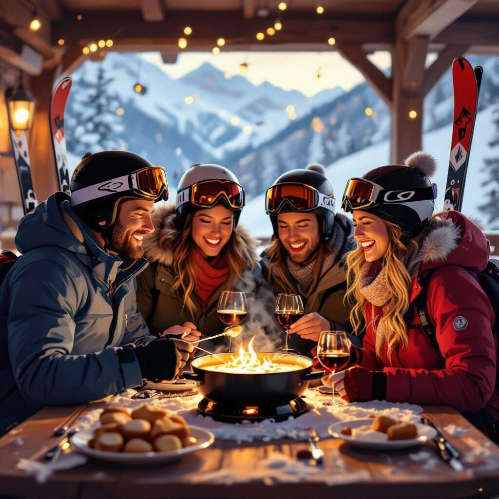 Skiers Enjoy Fondue After Alpine Adventure