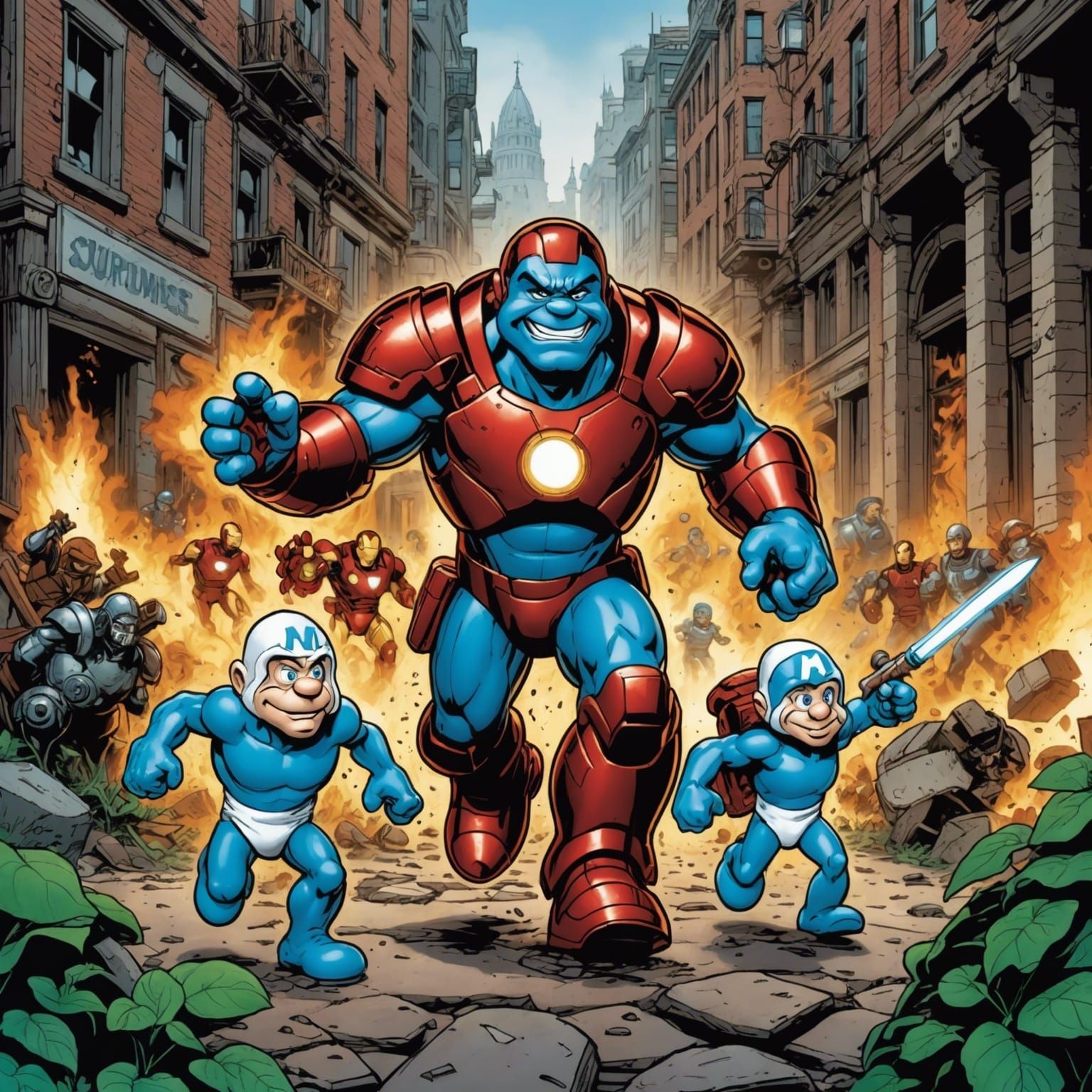 Smurf Steals Iron Man Armor: Comic Book Art