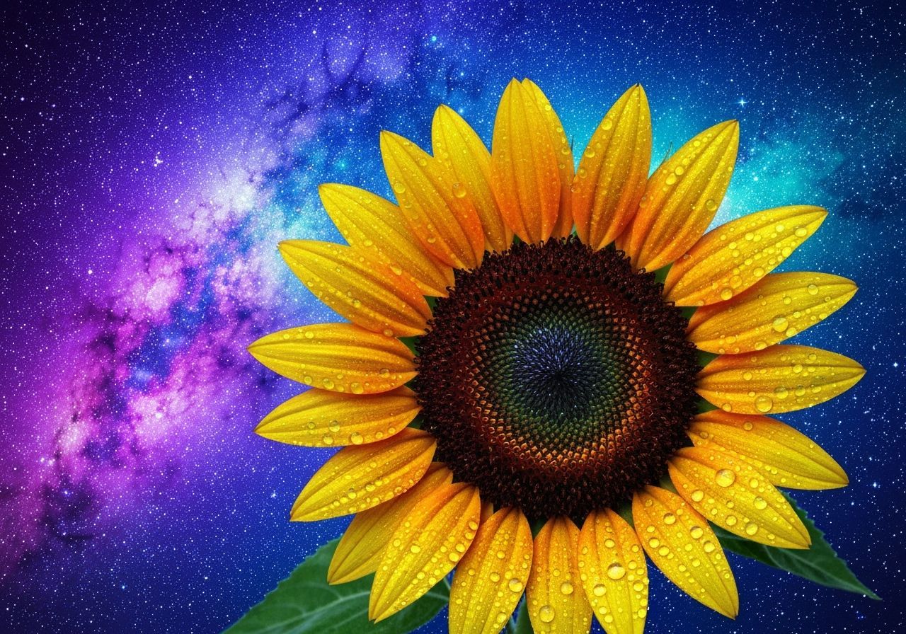 Cosmic Sunflower Under Starry Night Sky
