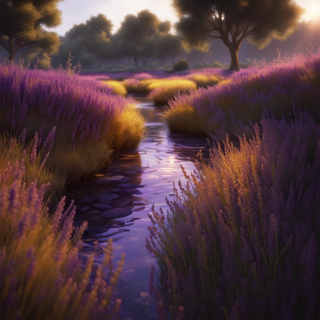 Stream in Lavender Field: Dark Fantasy Concept Art
