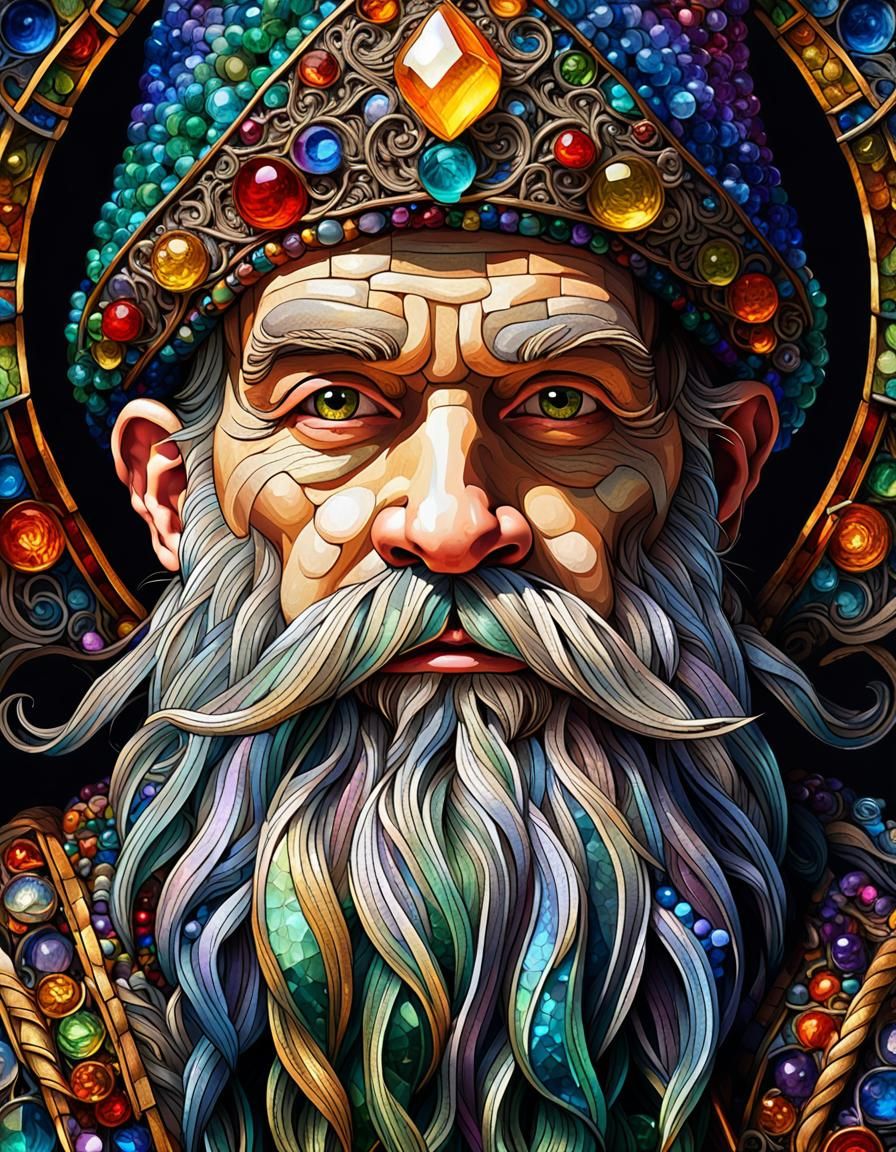 A gnome with a long beard that is plaited with multicoloured...
