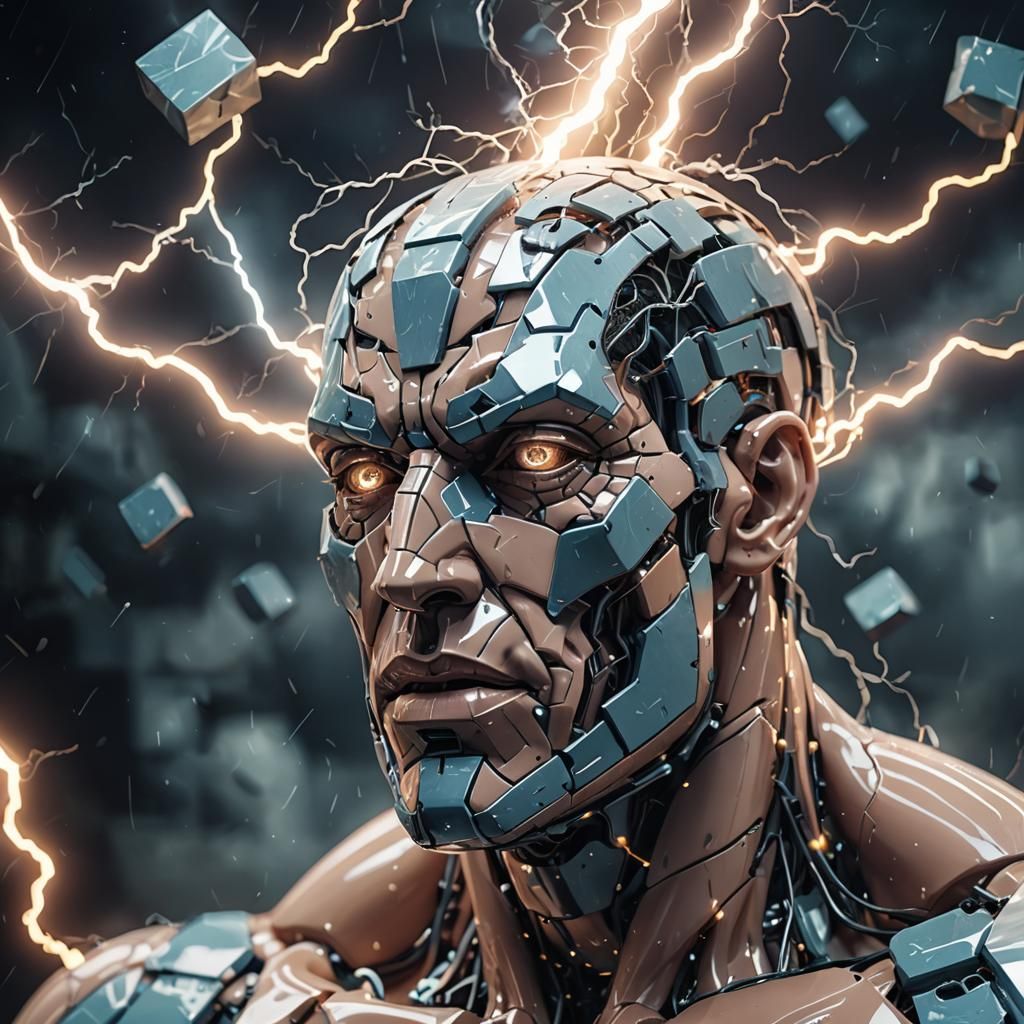 Surreal Cubist Humanoid in Lightning Dreamscape