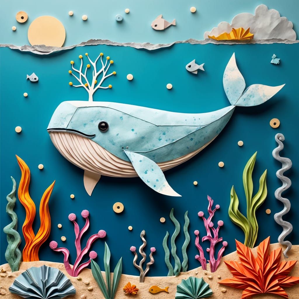 Origami Whale in Art Brut Style with Sea Life