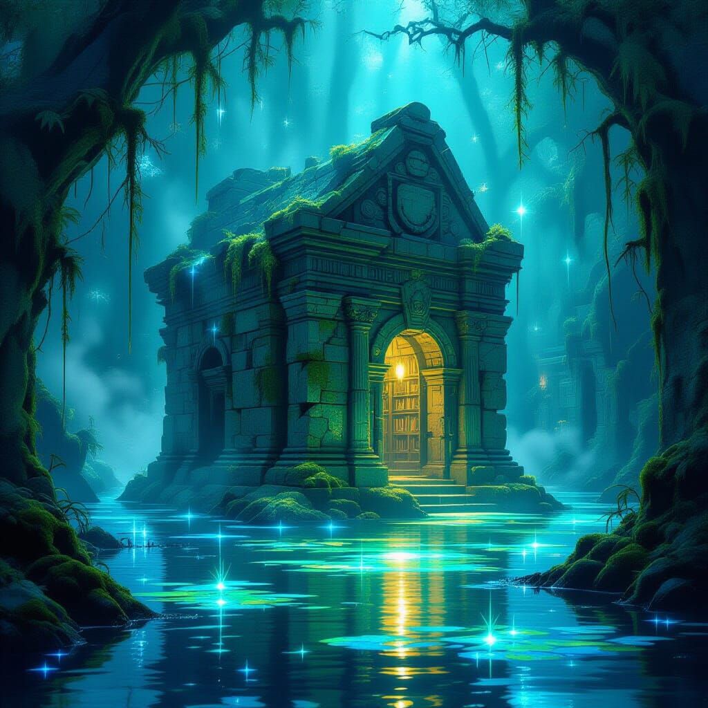 Ancient Mossy Library in Bioluminescent Swamp