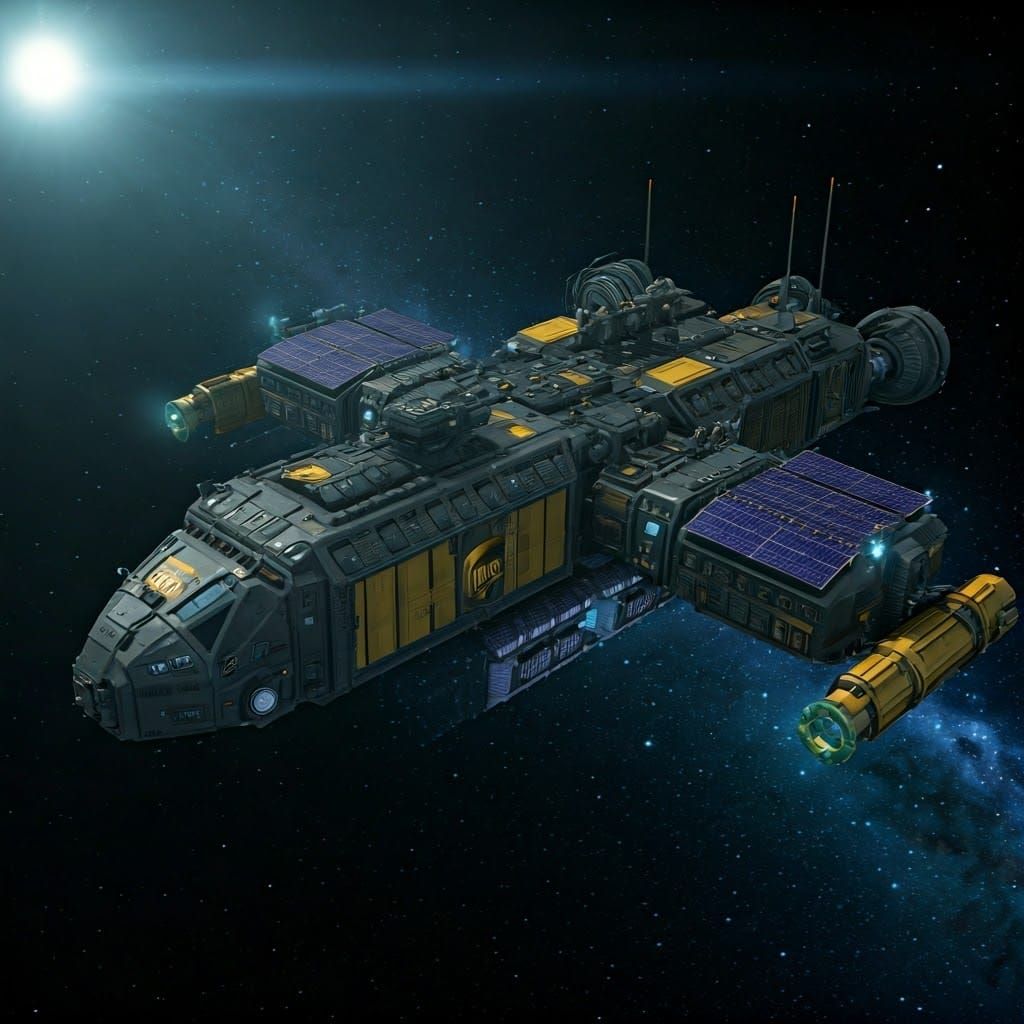 futuristic spaceship designed for UPS, DHL, FedEx, specialized in interplanetary deliveries