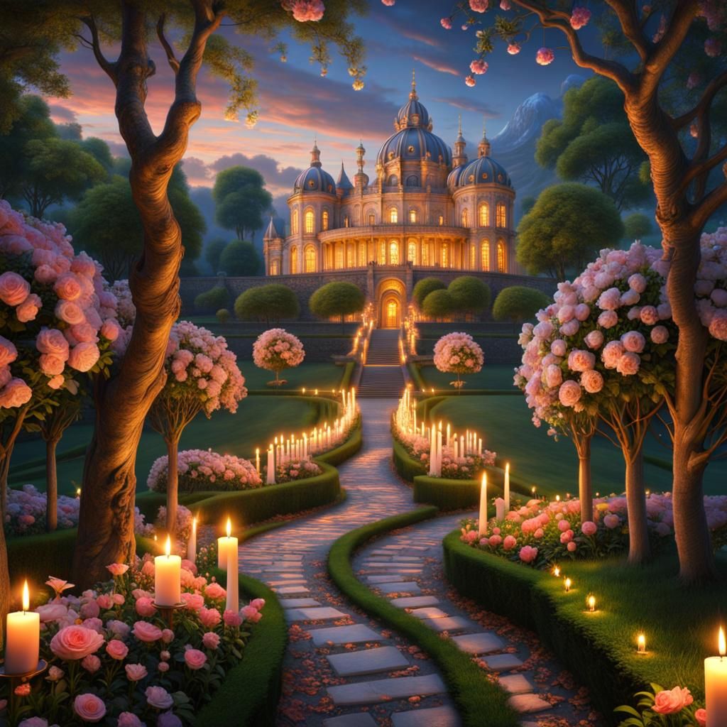 Candlelit Path to Hilltop Palace in Rococo Style