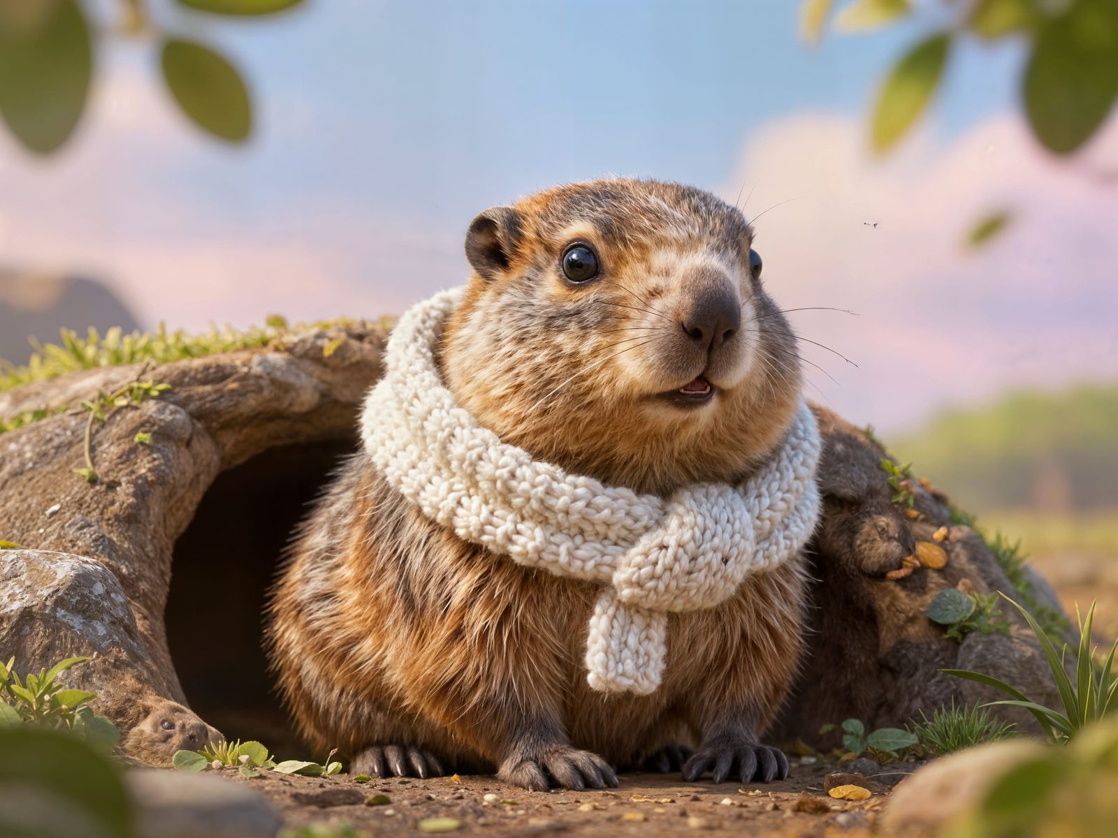 Adorable Groundhog Emerges From Winter Den in Dreamy Sky