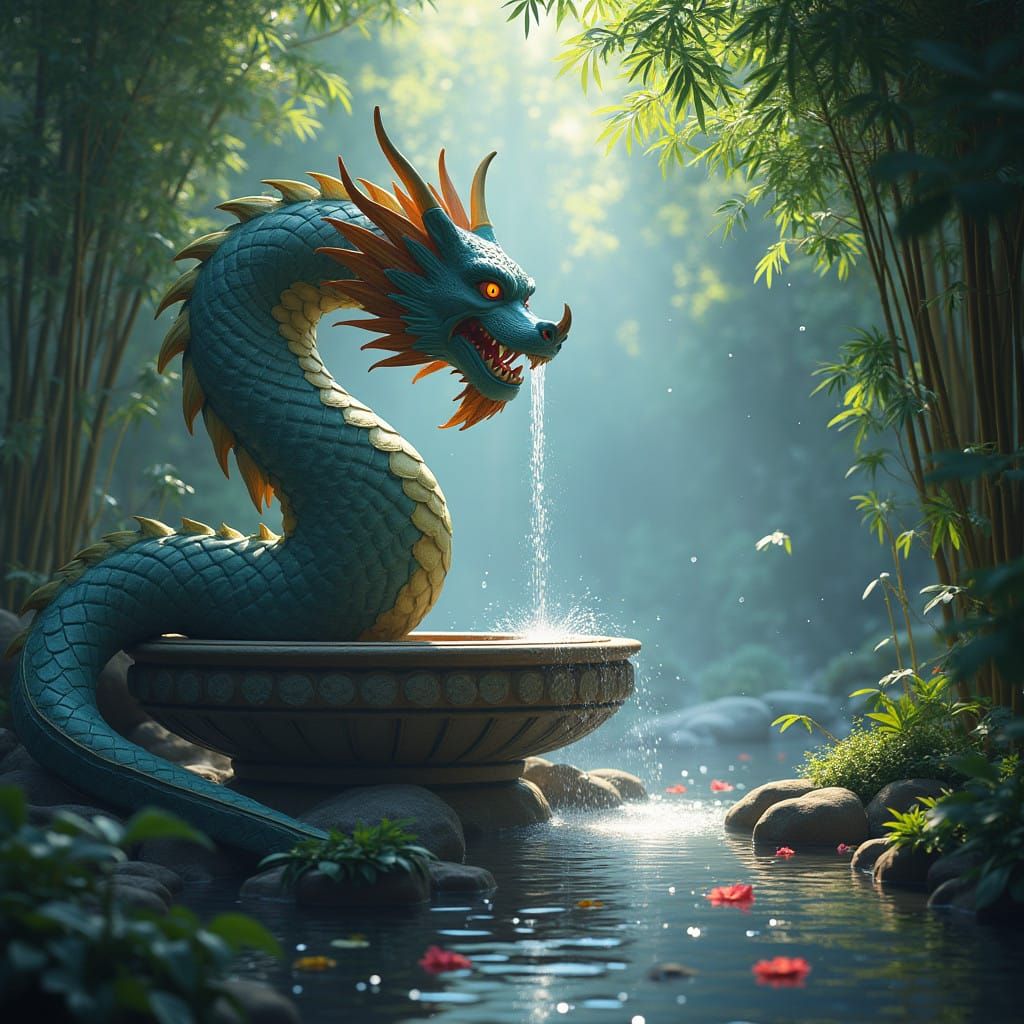 Surreal Shishi Dodosh Bamboo Fountain in Vibrant Fantasy Art