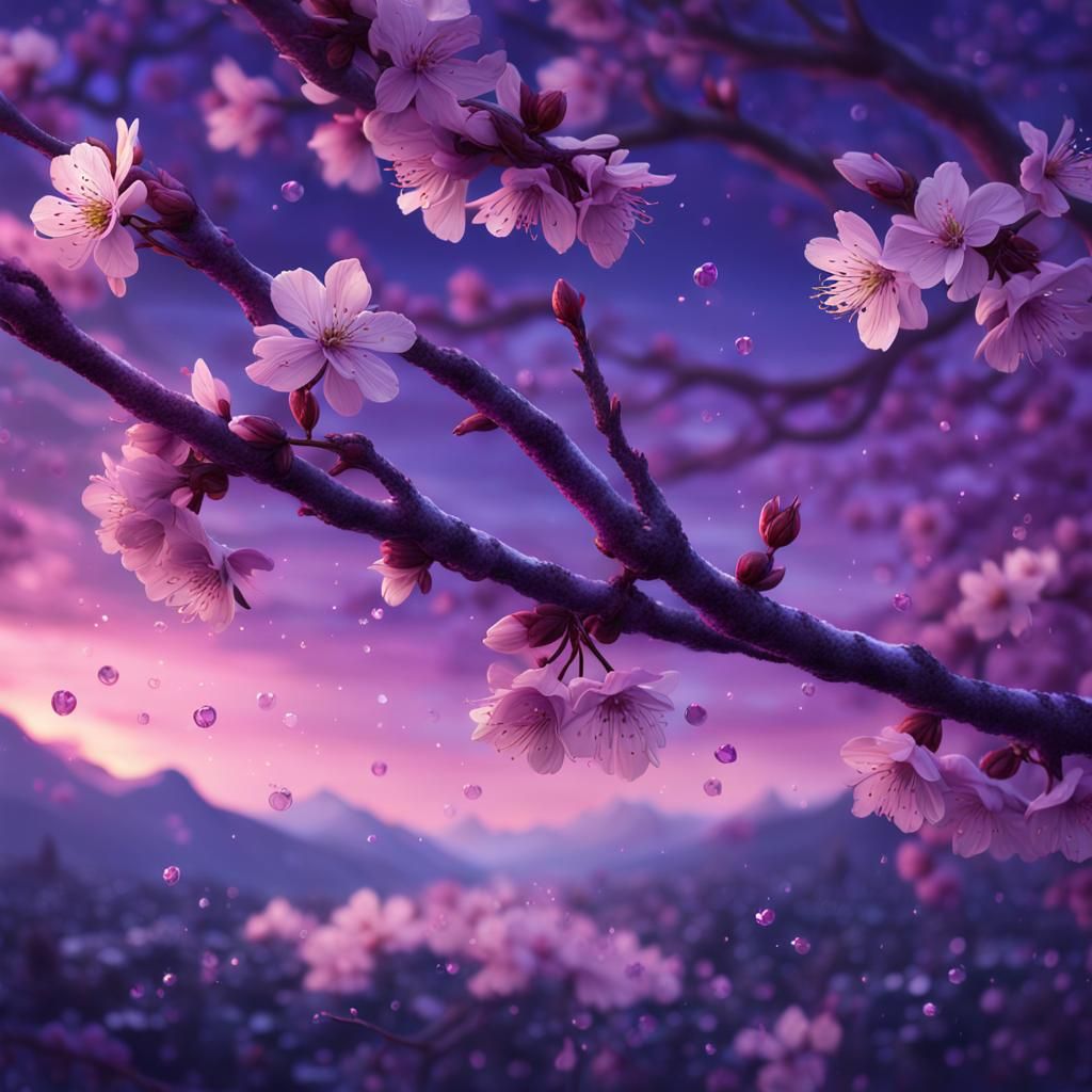 Cherry Blossom Branch at Twilight in Digital Art