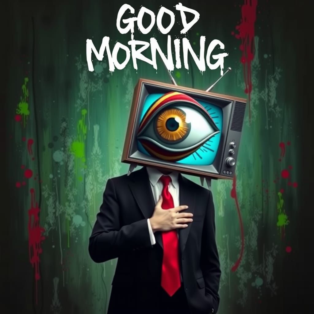 Surreal TV Head Figure in Chaotic Abstract Style