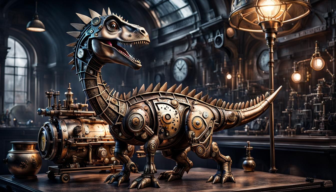 Surreal Steampunk Baby Dinosaur in Whimsical Watercolour