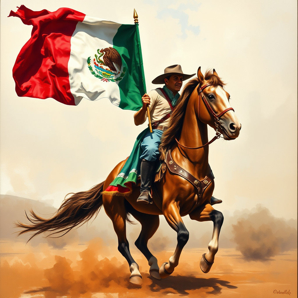 Charro on Horseback with Mexican Flag as Gouache Painting