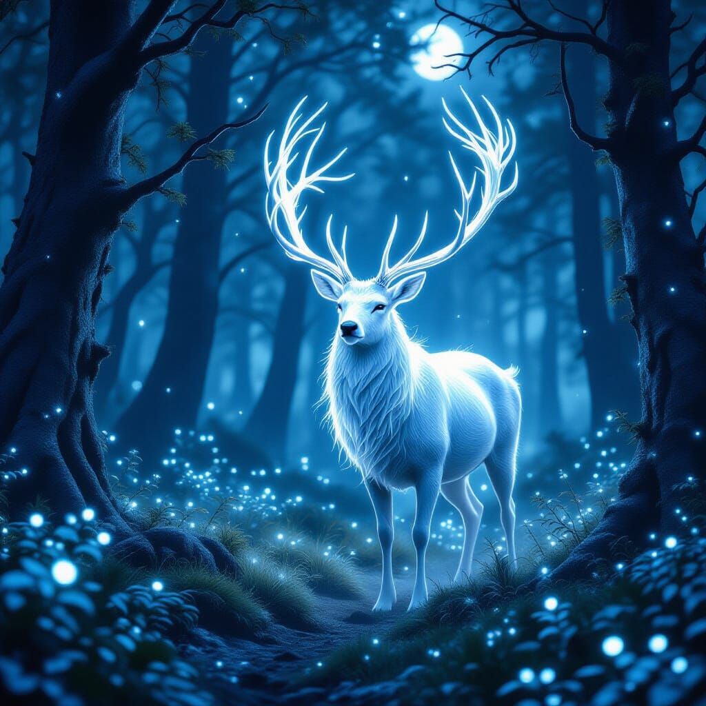 Ethereal Stag in Bioluminescent Forest, Digital Art