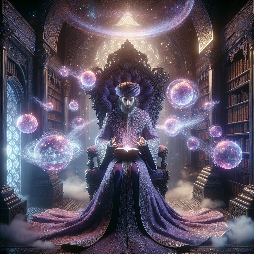 Majestic Wizard in Floating Library, Victorian Goth Style