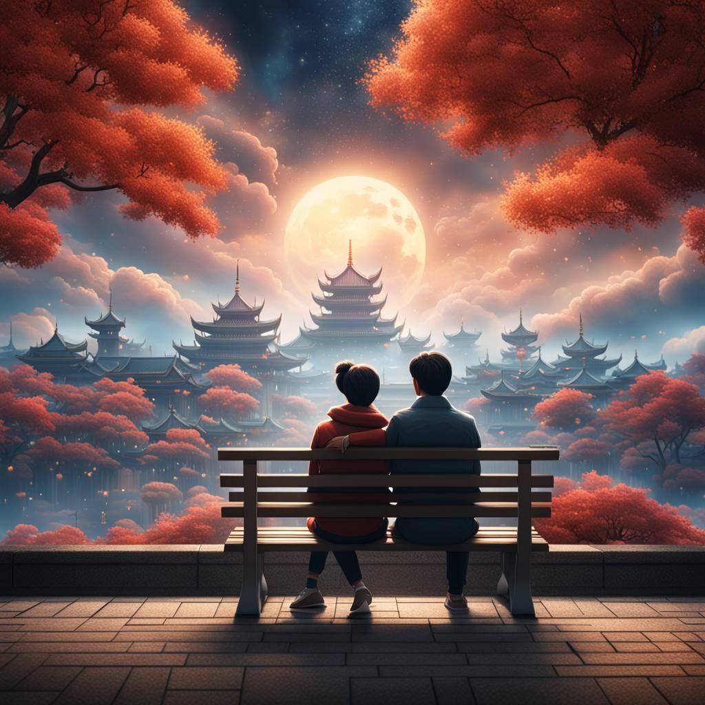 Asian Couple Gazing at Sky: Fantasy Concept Art