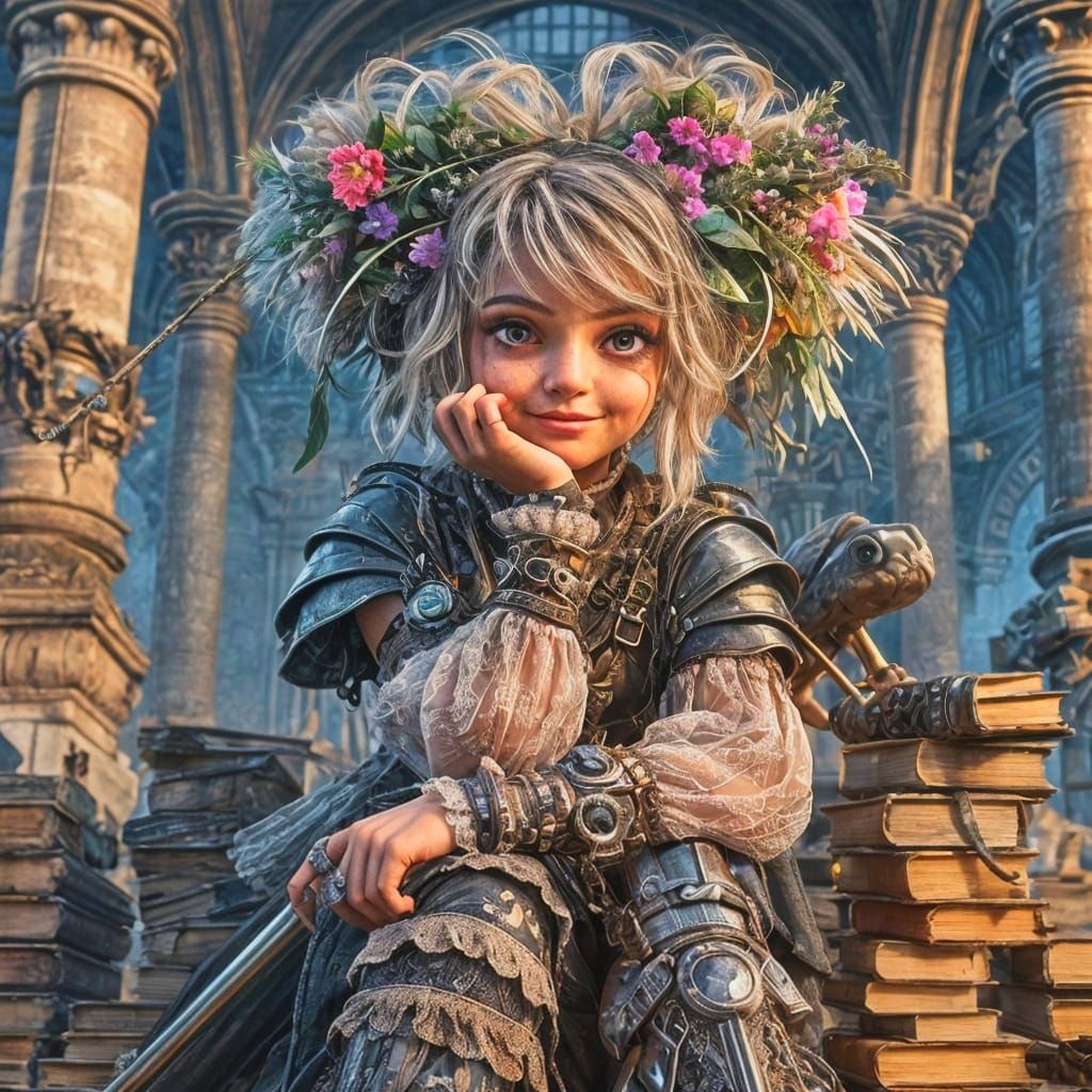 Whimsical Punk Girl in Mystical Library, Digital Art