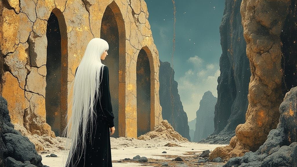 Ancient Robes Woman Amidst Ruins, Cyberpunk Dystopian Style