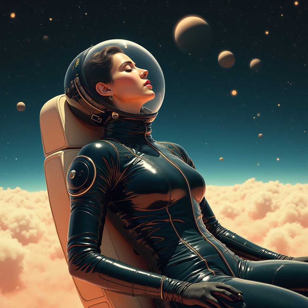 Woman Sunbathing in Space in Futuristic Style