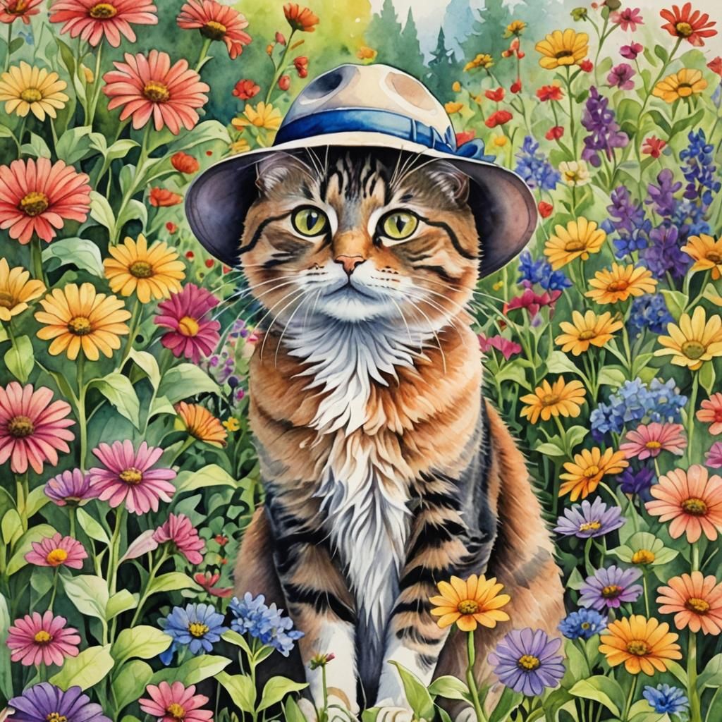 Whimsical Cat in Garden: Watercolor with Pencil Highlights
