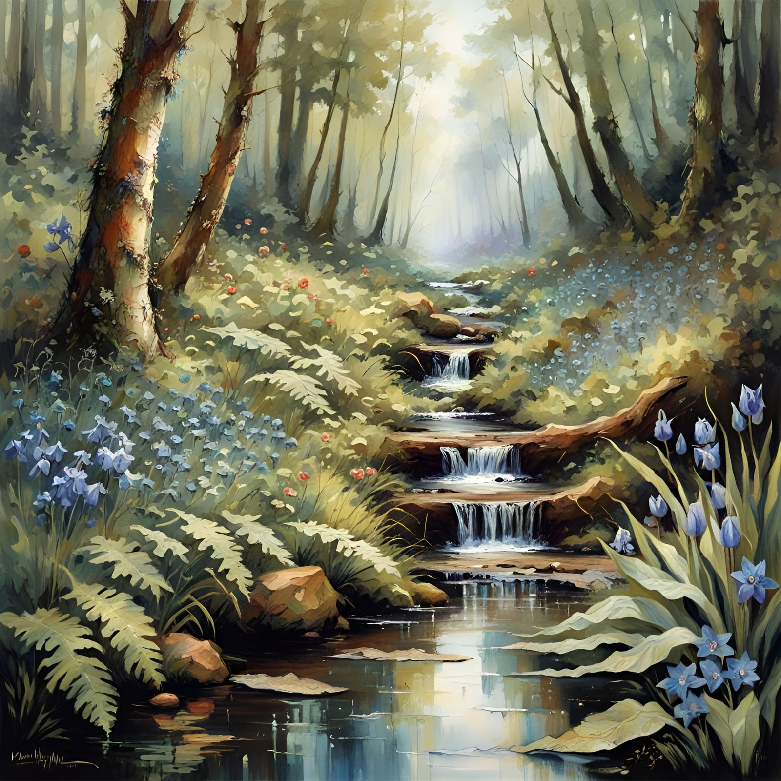Mystic Forest Stream with Bluebells and Roses