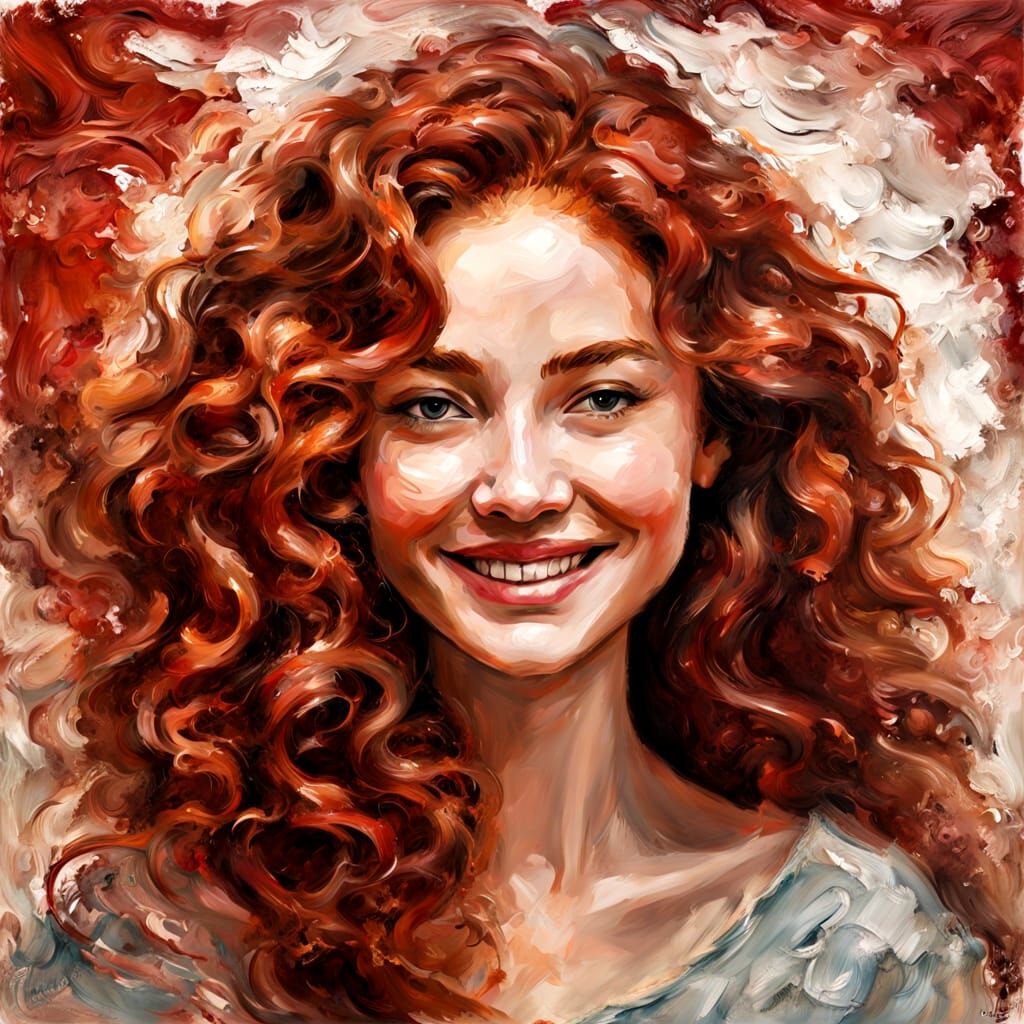 Woman Portrait with Red Wavy Hair in Impasto Encaustic Style